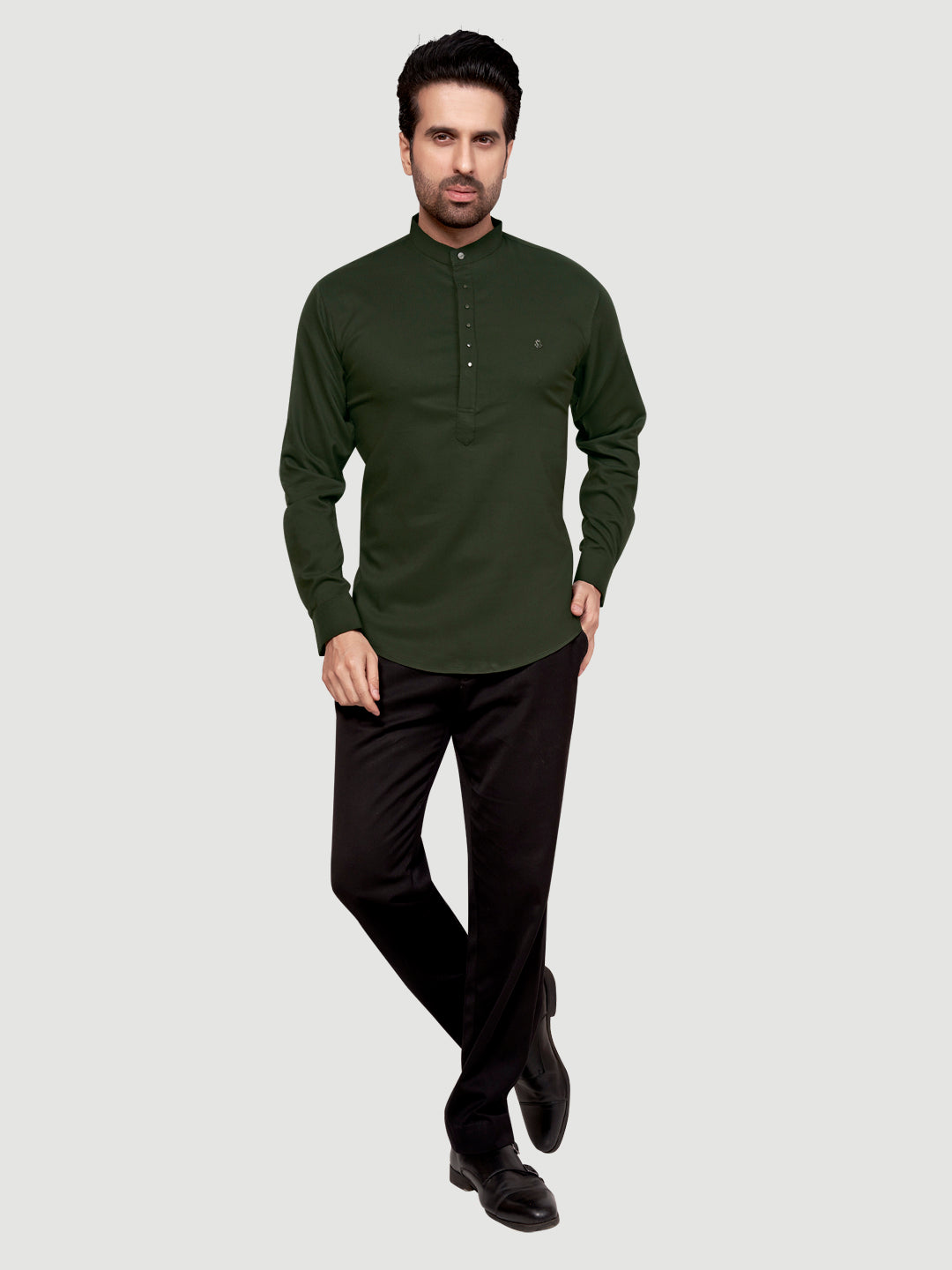 Men's Designer Short Kurta with Metal Buttons Military Green