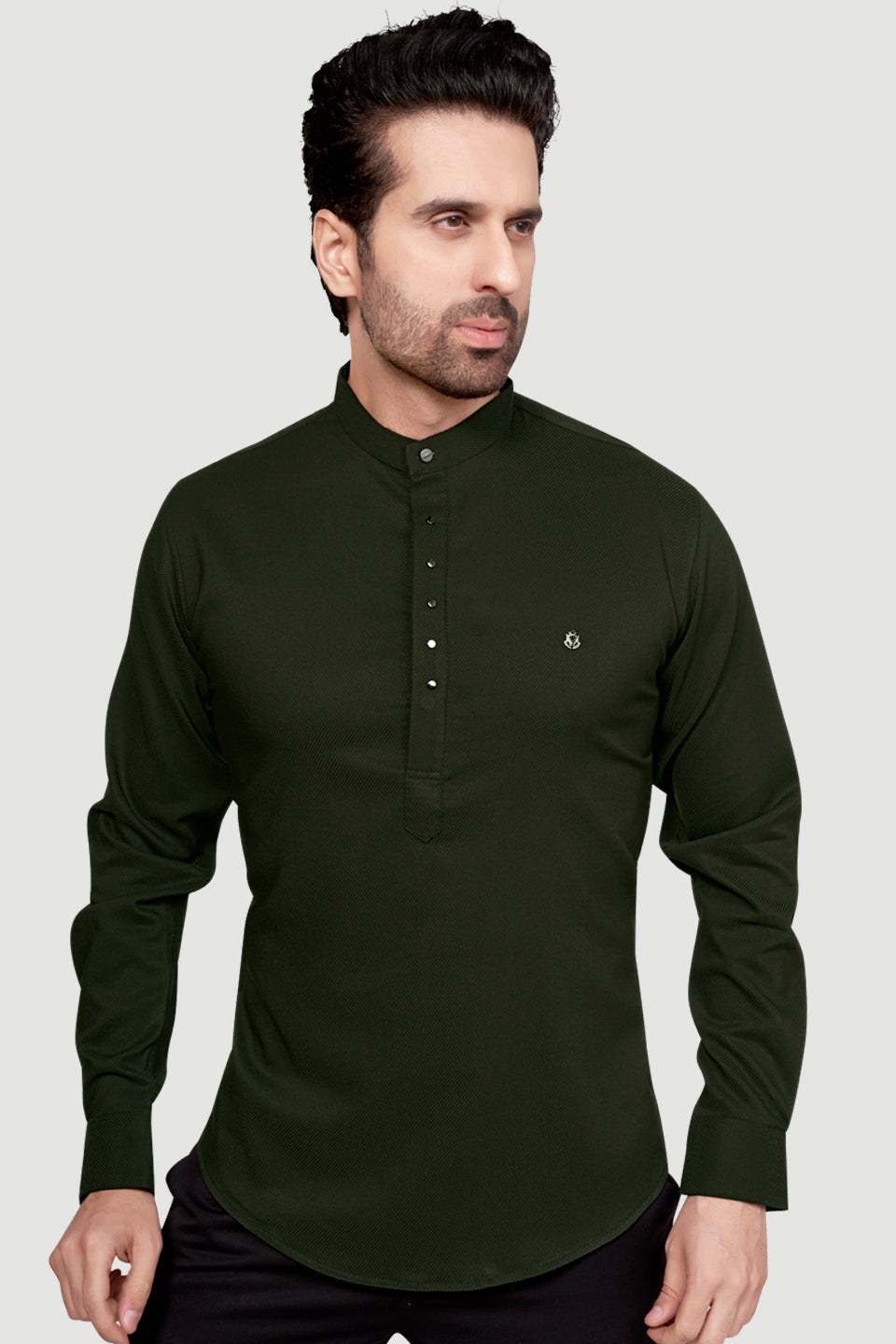 Men's Designer Short Kurta with Metal Buttons Military Green