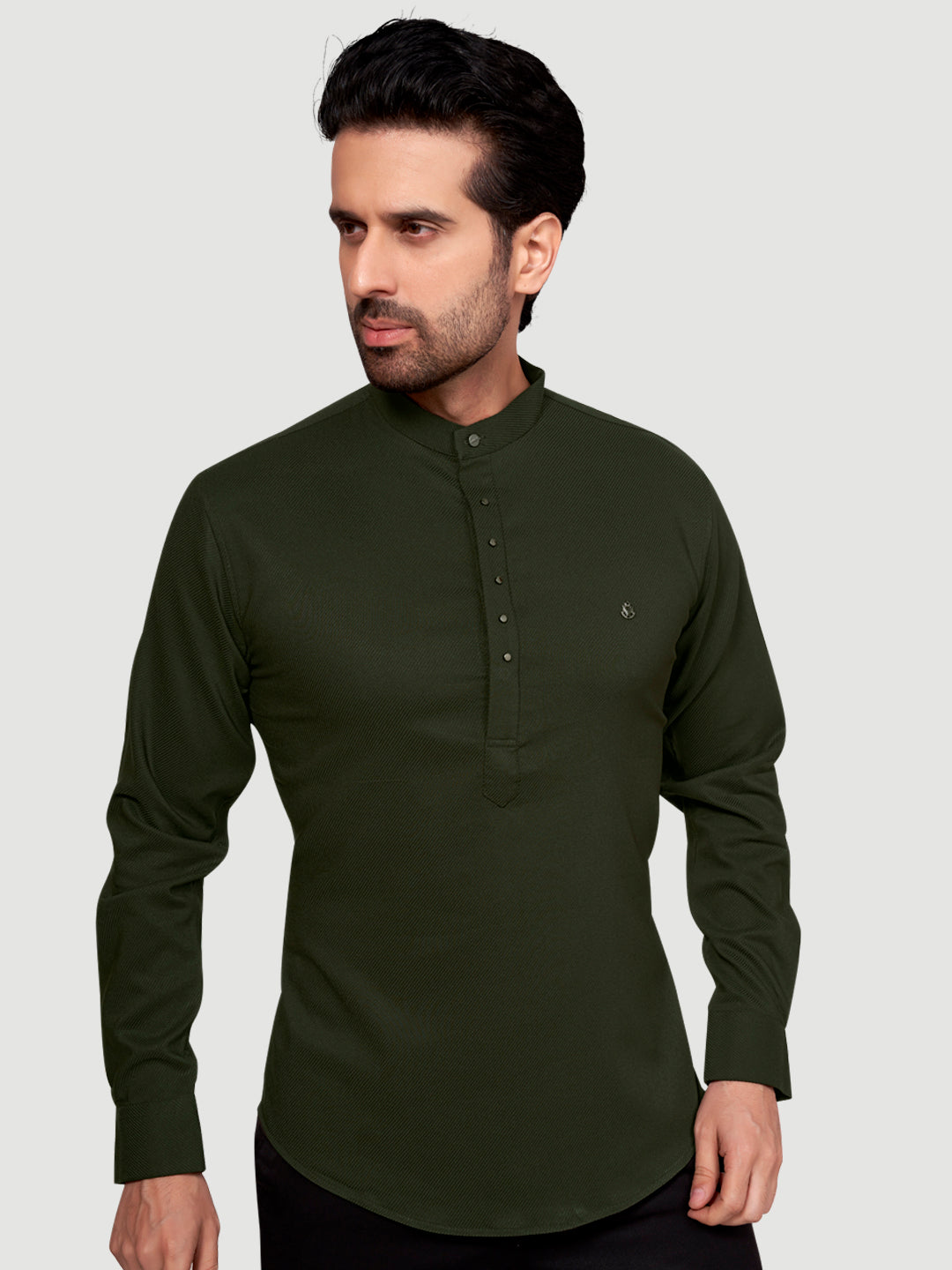 Men's Designer Short Kurta with Metal Buttons Military Green