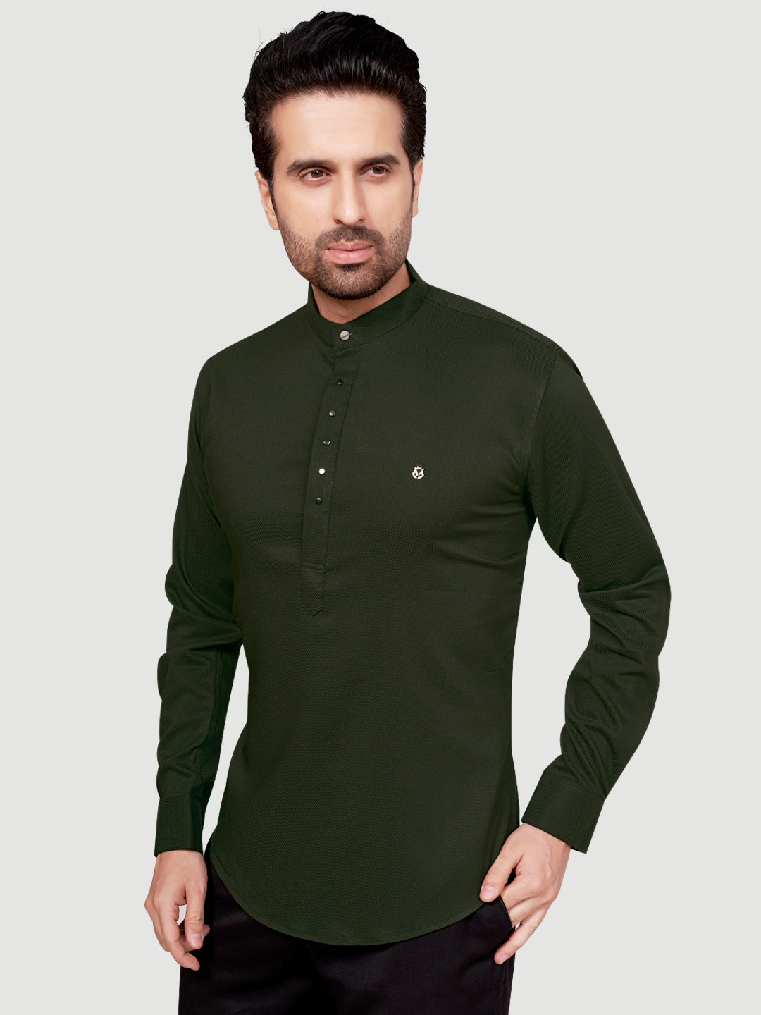 Men's Designer Short Kurta with Metal Buttons Military Green
