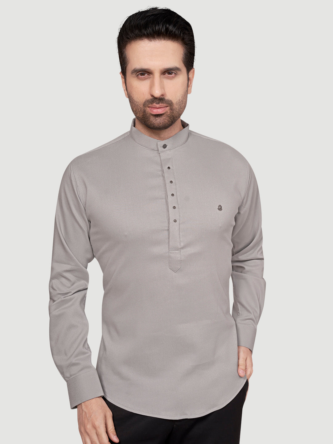 Black and White Men's Designer Short Kurta with Metal Buttons Steel Grey