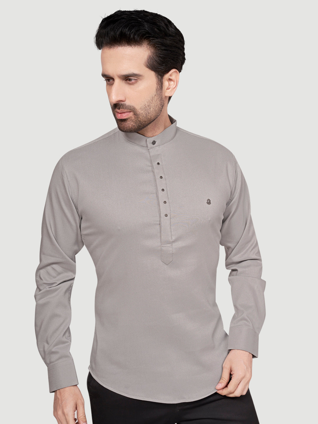 Black and White Men's Designer Short Kurta with Metal Buttons Steel Grey