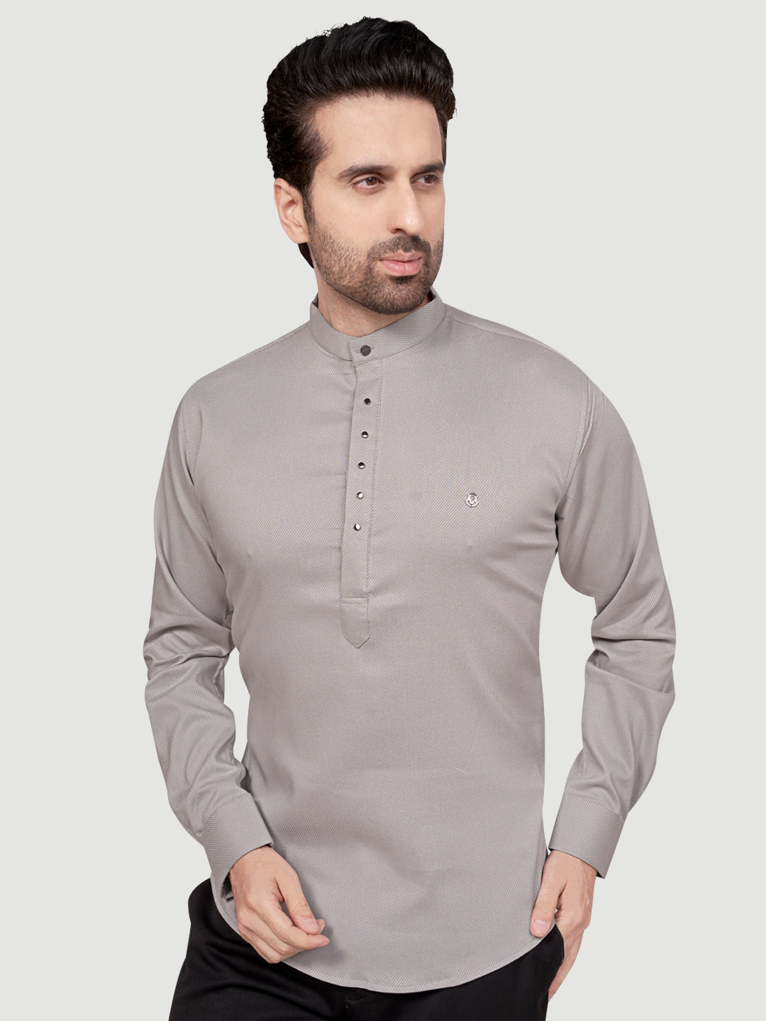 Black and White Men's Designer Short Kurta with Metal Buttons Steel Grey