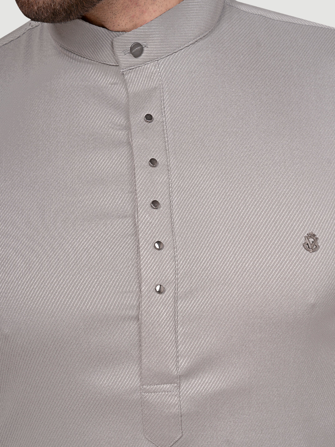 Black and White Men's Designer Short Kurta with Metal Buttons Steel Grey