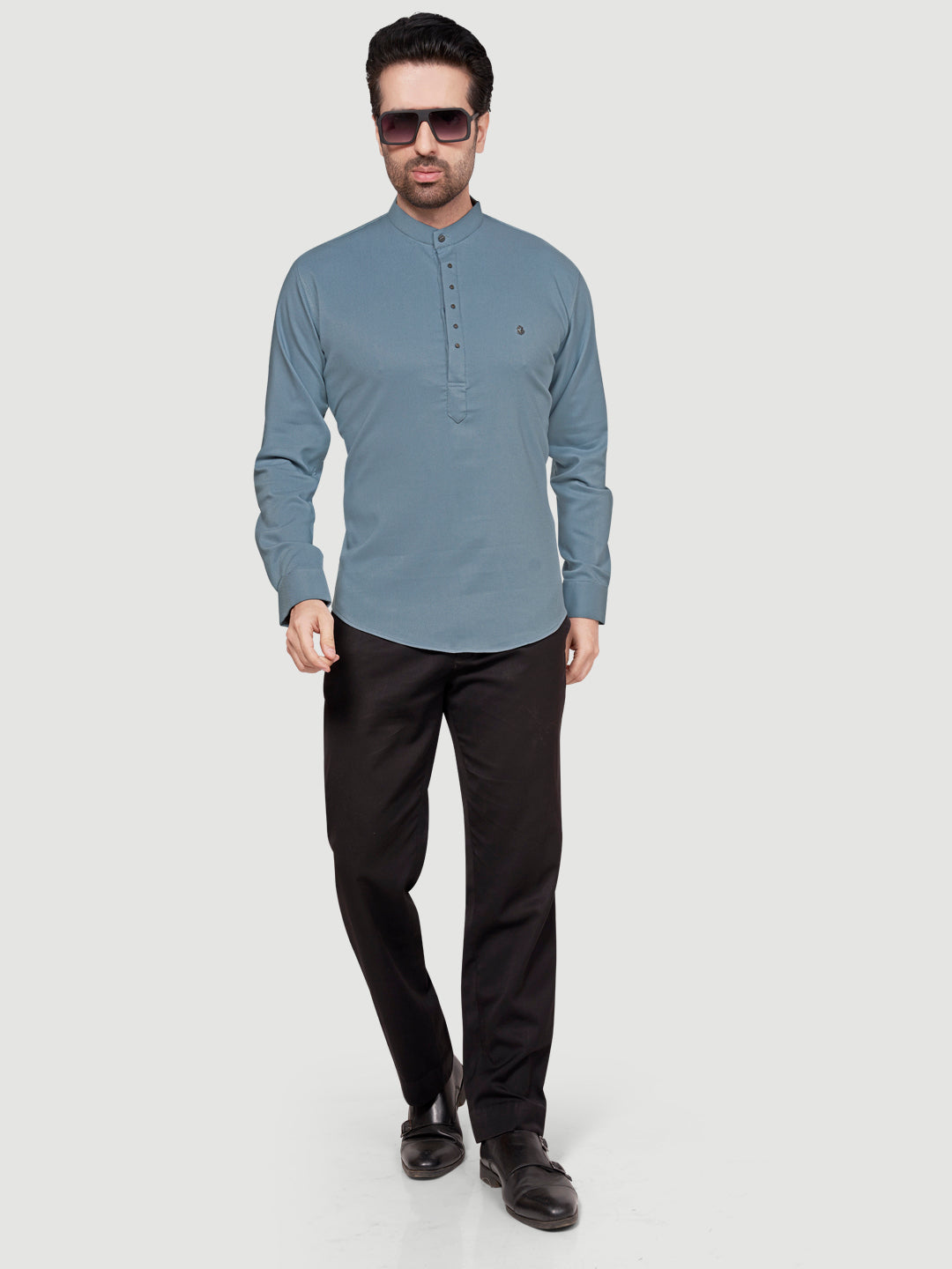 Black and White Men's Designer Short Kurta with Metal Buttons Light Grey