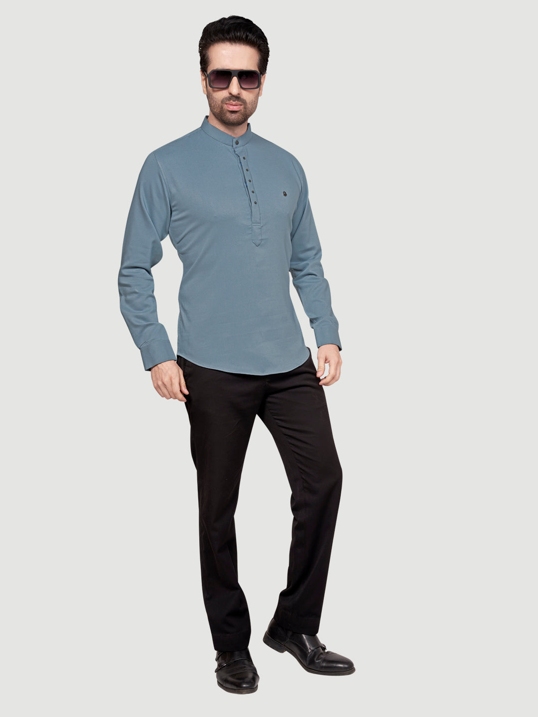 Black and White Men's Designer Short Kurta with Metal Buttons Light Grey