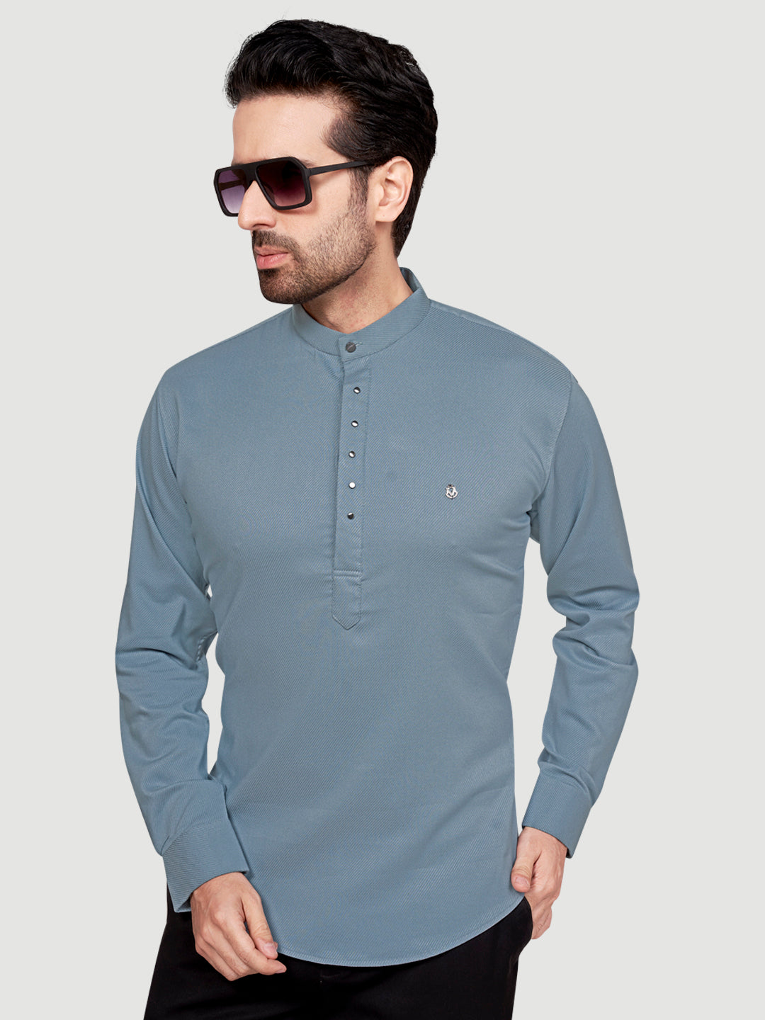 Black and White Men's Designer Short Kurta with Metal Buttons Light Grey