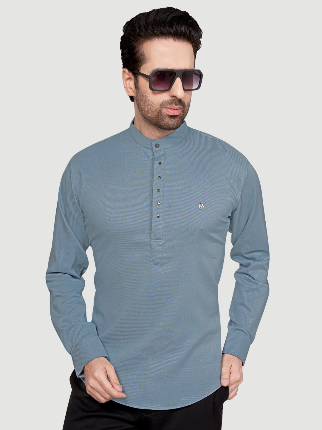 Black and White Men's Designer Short Kurta with Metal Buttons Light Grey