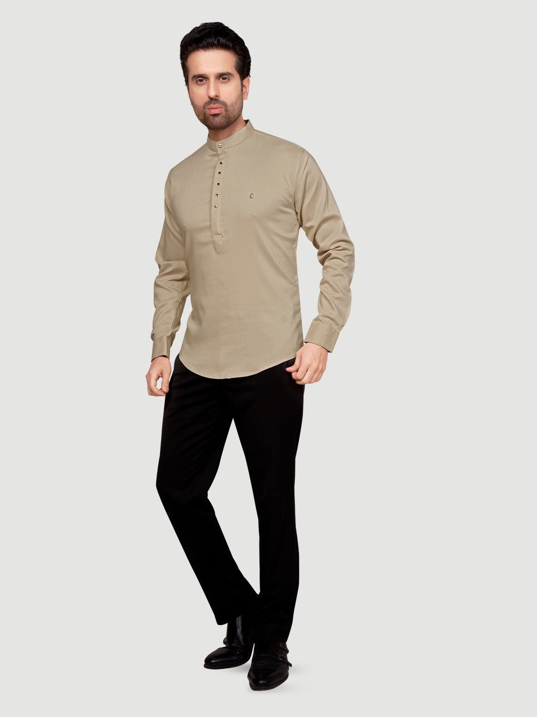 Black and White Men's Designer Short Kurta with Metal Buttons Ivory