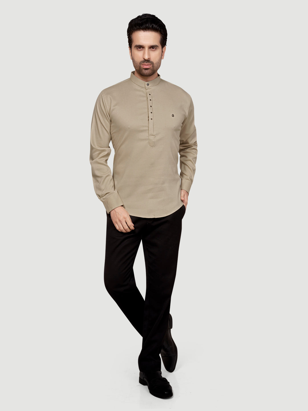 Black and White Men's Designer Short Kurta with Metal Buttons Ivory