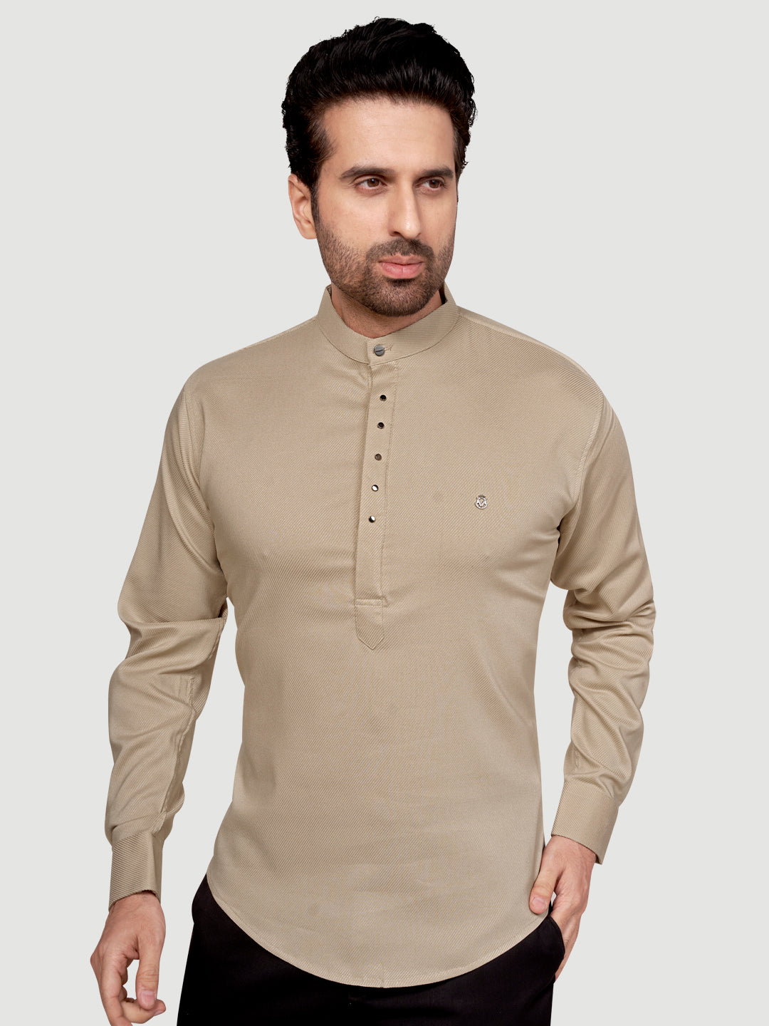 Black and White Men's Designer Short Kurta with Metal Buttons Ivory