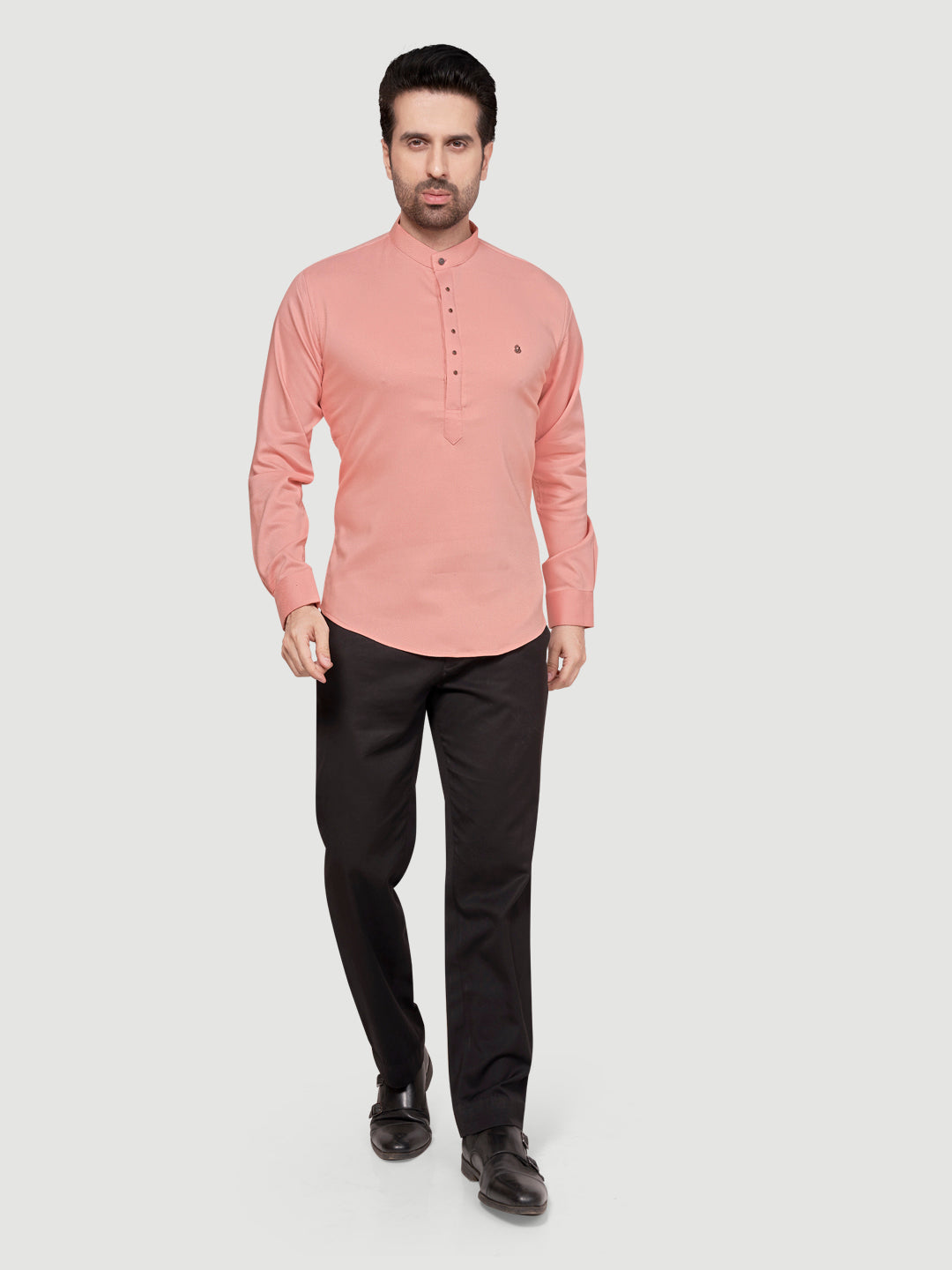 Black and White Men's Designer Short Kurta with Metal Buttons Peach