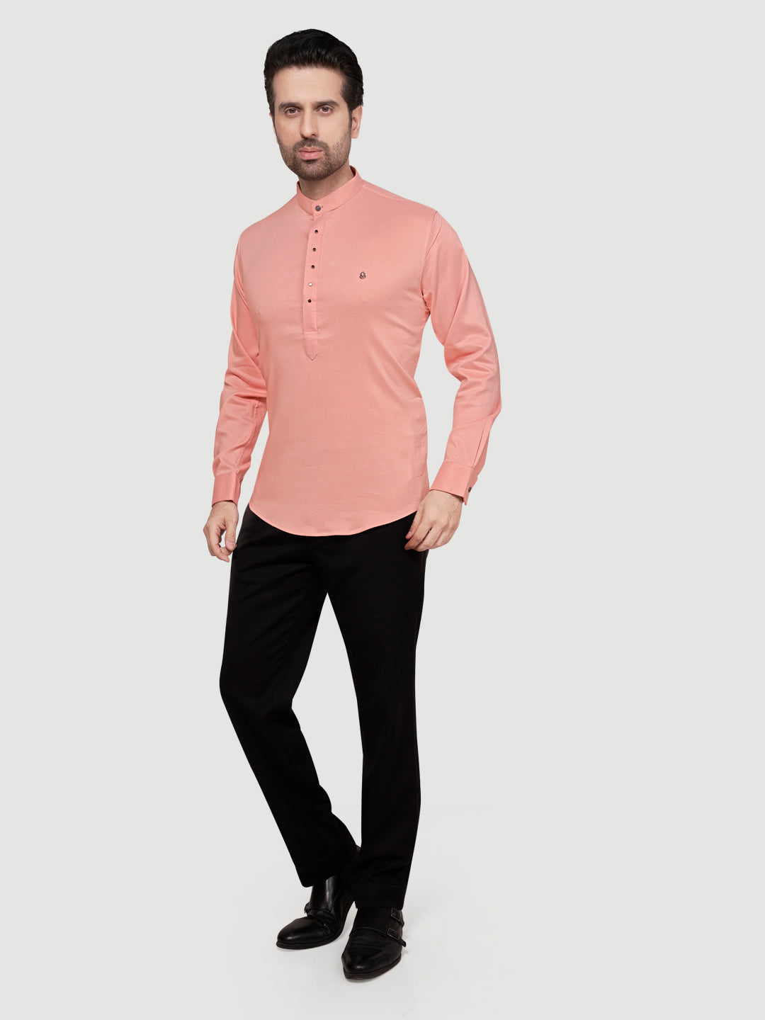 Black and White Men's Designer Short Kurta with Metal Buttons Peach