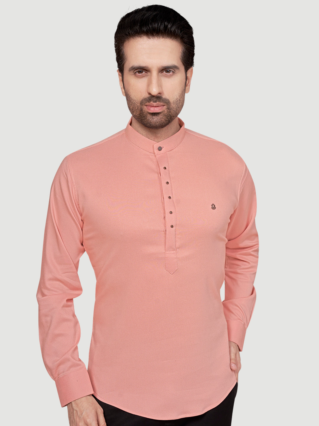 Black and White Men's Designer Short Kurta with Metal Buttons Peach