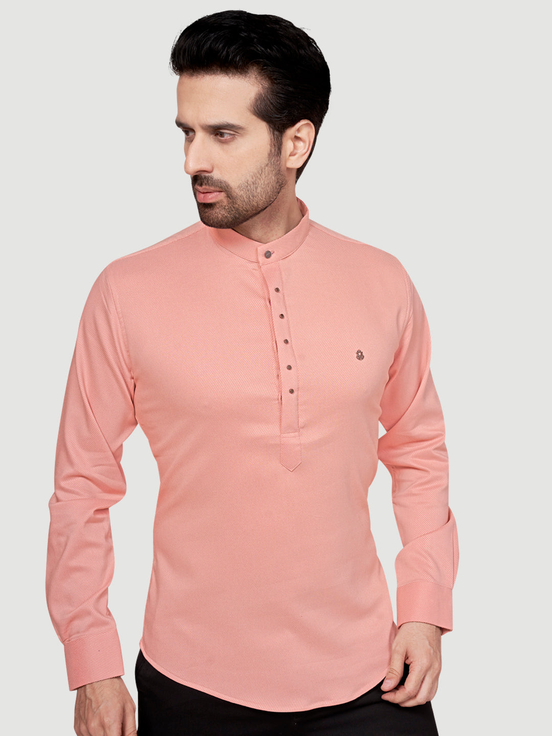 Black and White Men's Designer Short Kurta with Metal Buttons Peach