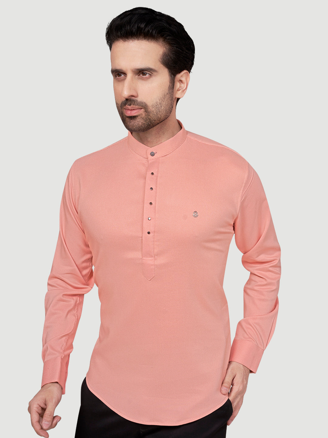 Black and White Men's Designer Short Kurta with Metal Buttons Peach