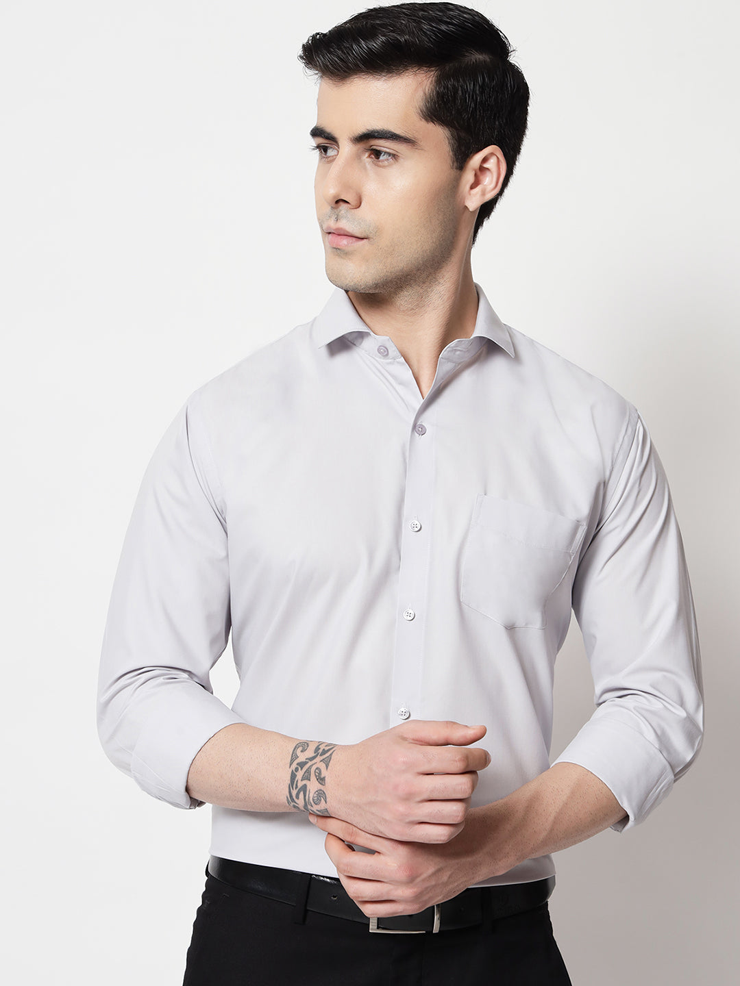 Black and White Shirts Light Grey Plain Solid Shirt