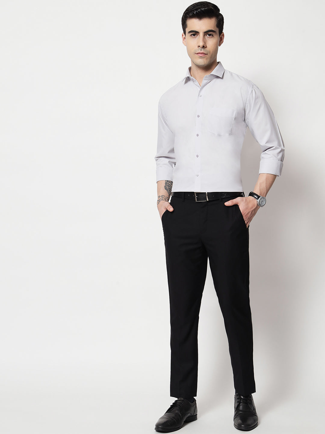 Black and White Shirts Light Grey Plain Solid Shirt
