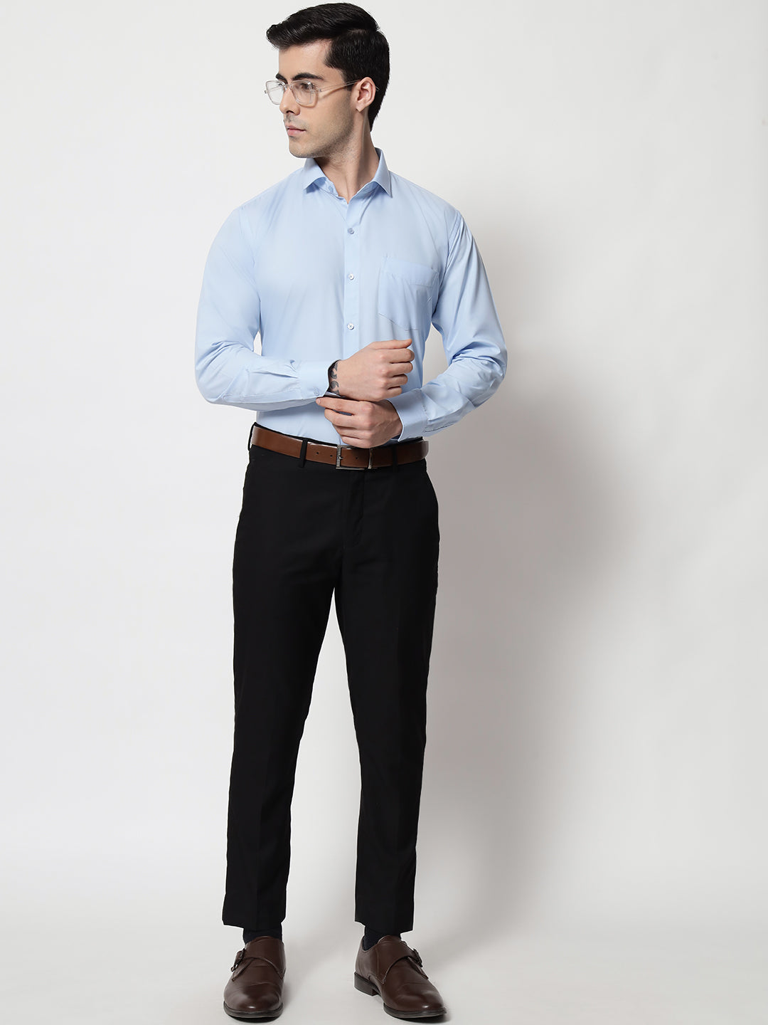 Black and White Shirts FSky BluePlain Solid Shirt