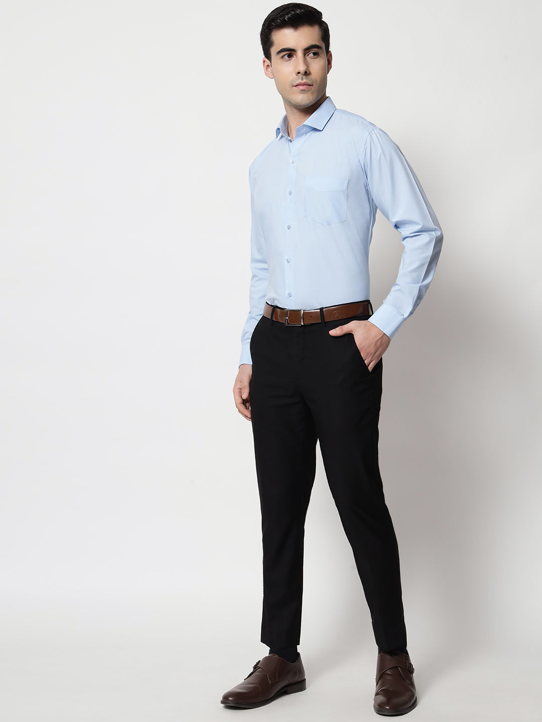 Black and White Shirts FSky BluePlain Solid Shirt
