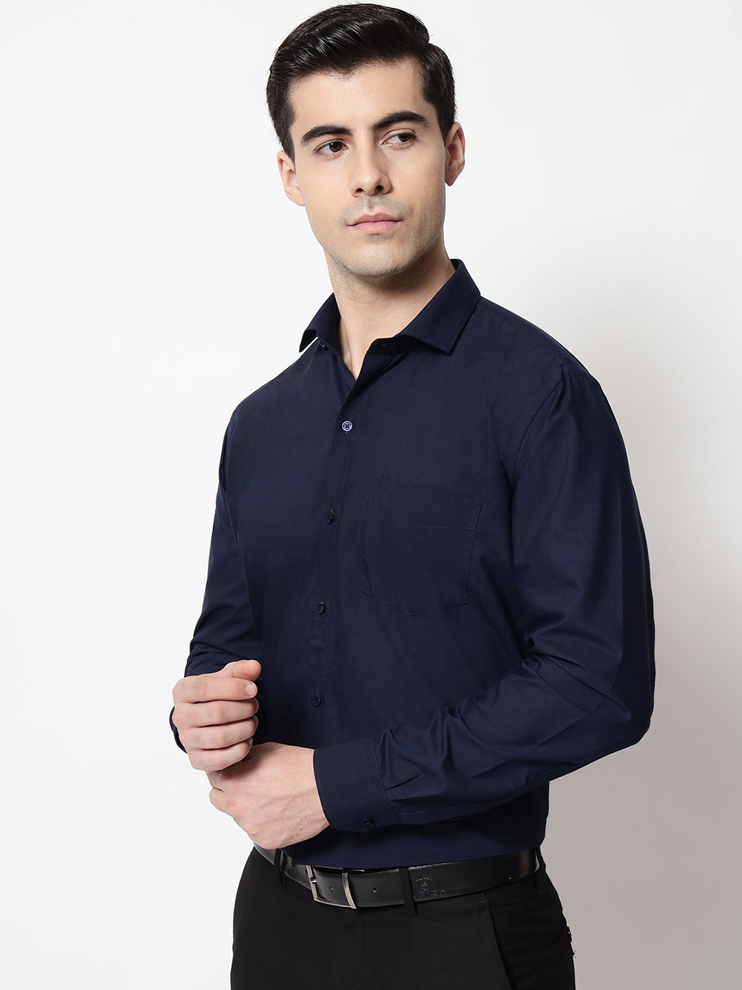 Black and White Shirts Navy Blue Plain Solid Shirt