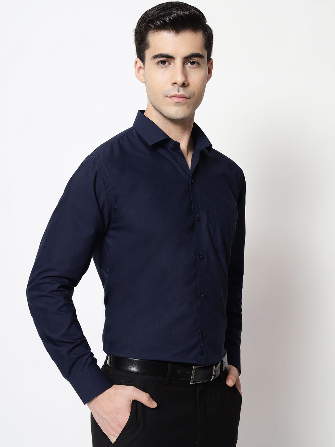 Black and White Shirts Navy Blue Plain Solid Shirt