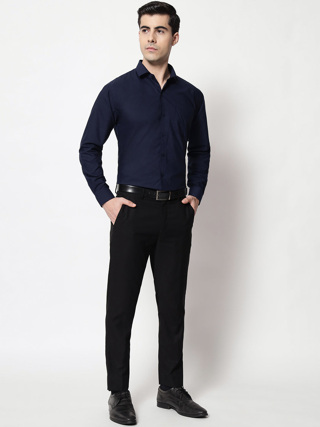 Black and White Shirts Navy Blue Plain Solid Shirt