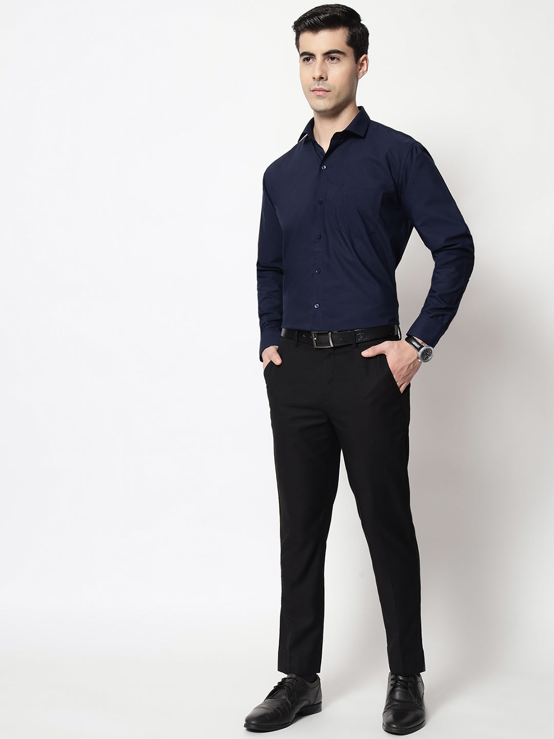 Black and White Shirts Navy Blue Plain Solid Shirt