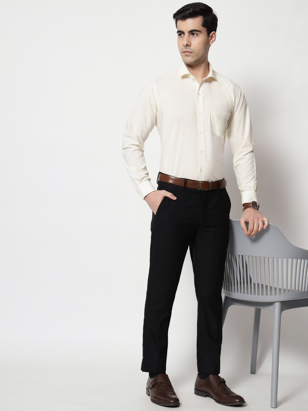Black and White Shirts Cream Plain Solid Shirt