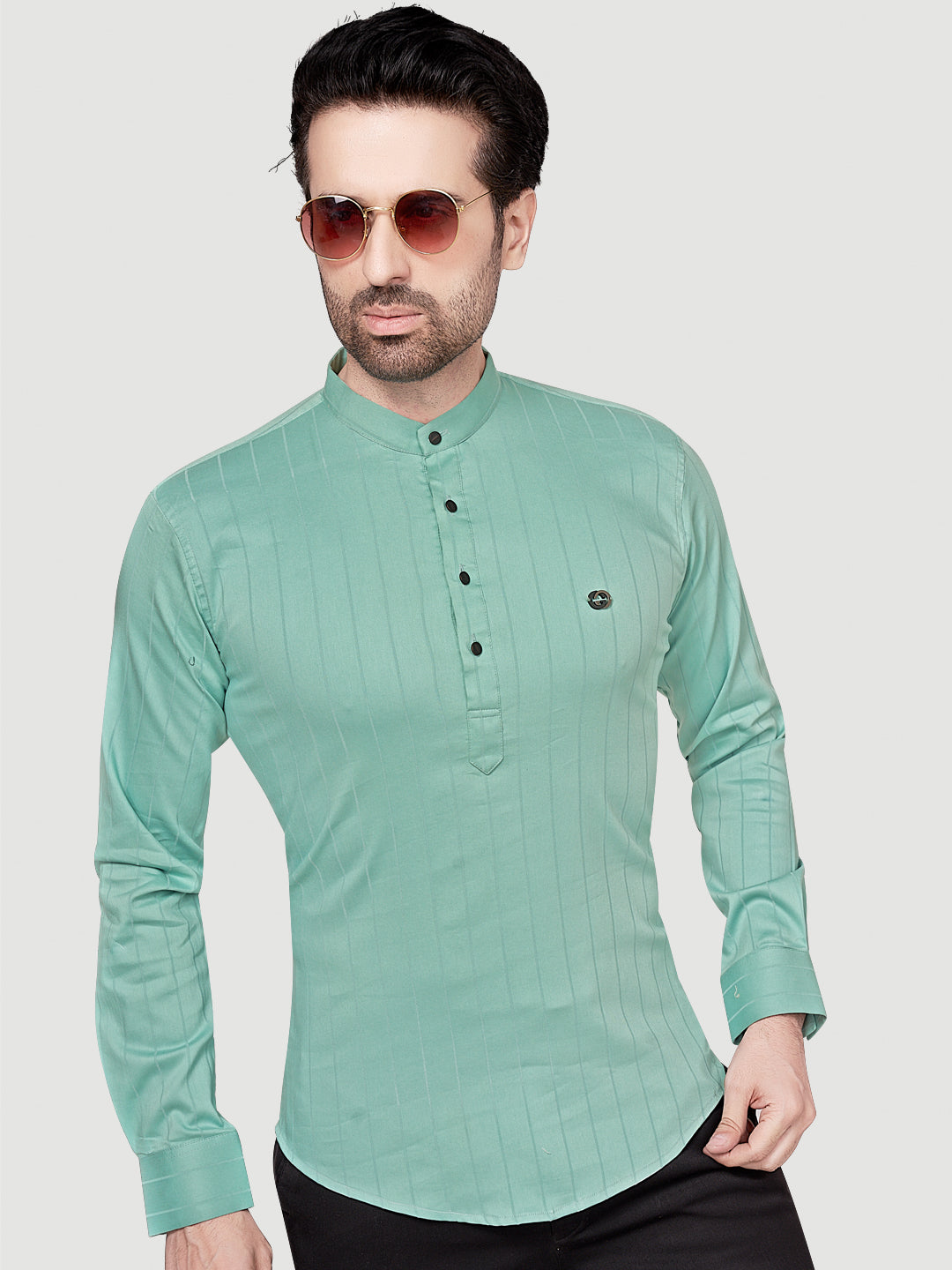Black & White Men's Casual Short Kurta Green