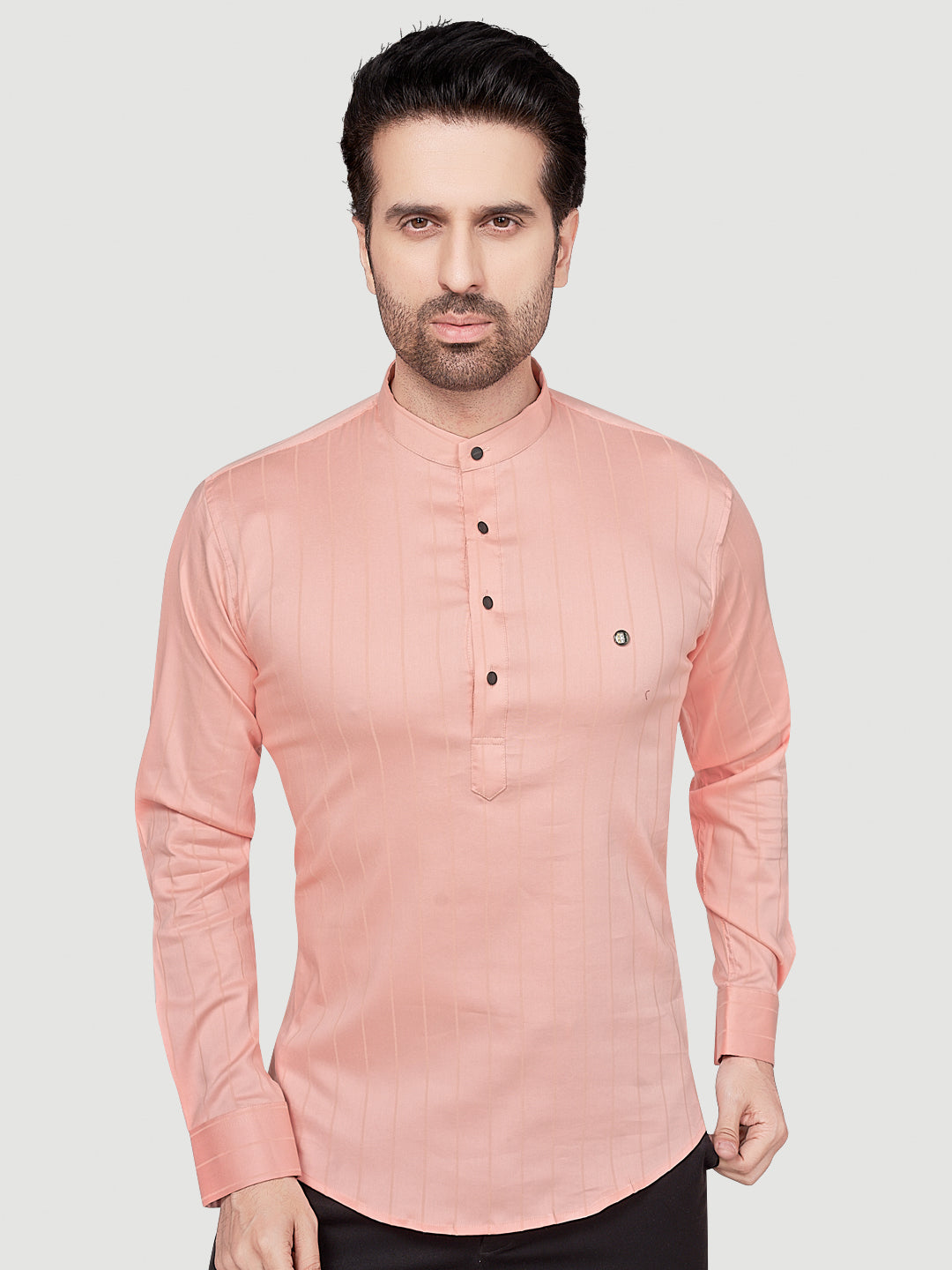 Black & White Men's Casual Short Kurta Peach