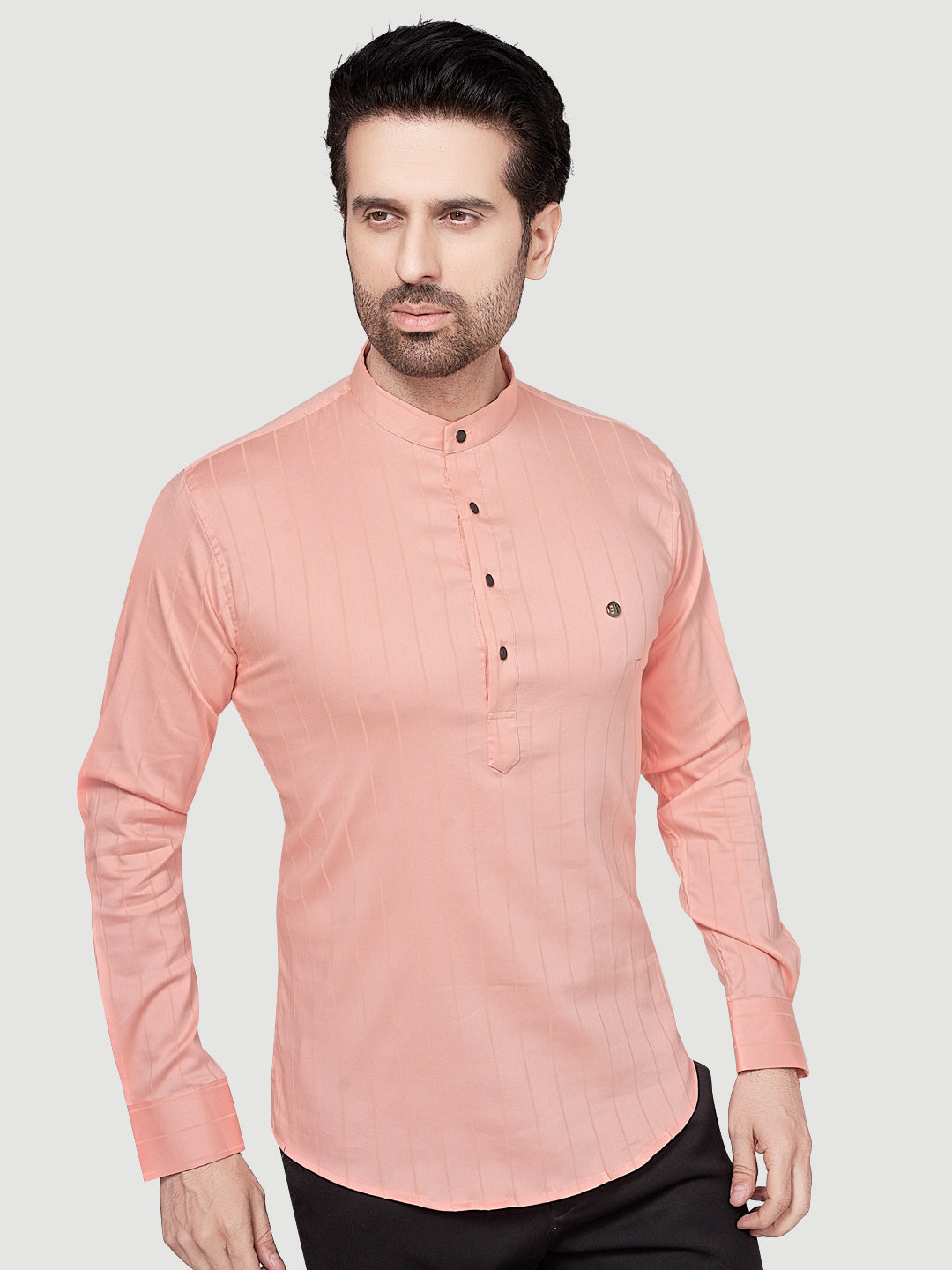 Black & White Men's Casual Short Kurta Peach