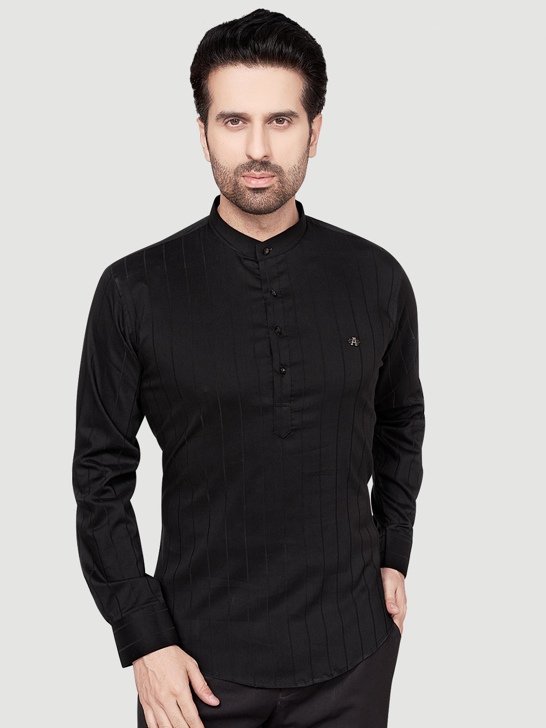 Black & White Men's Casual Short Kurta Black
