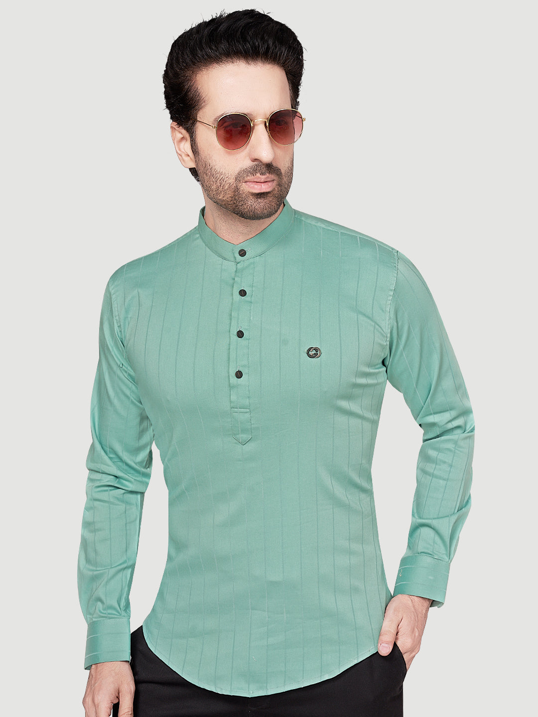 Black & White Men's Casual Short Kurta Green