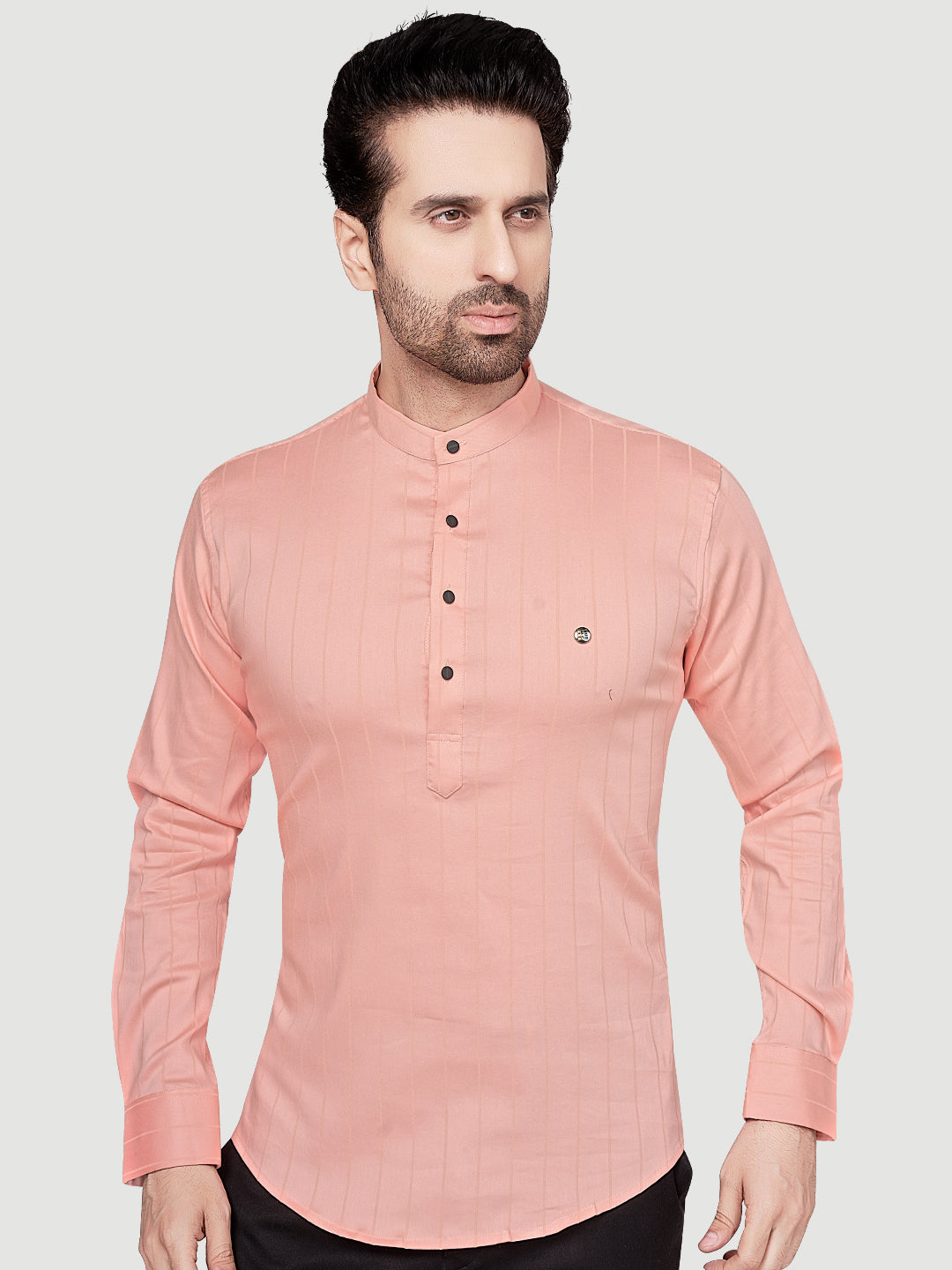 Black & White Men's Casual Short Kurta Peach