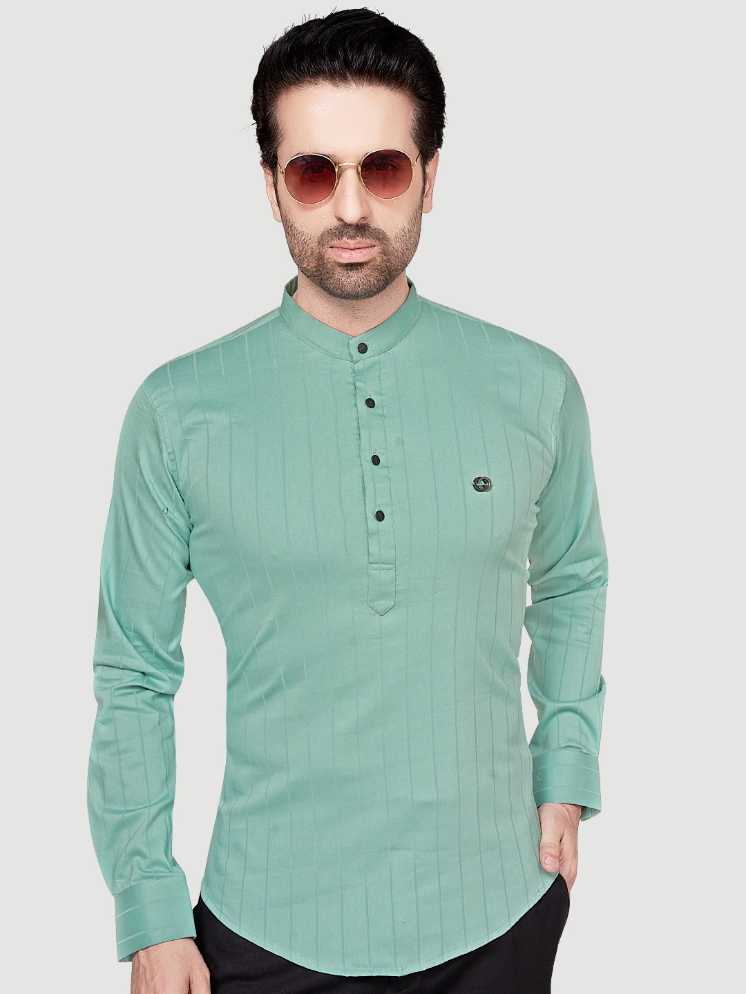 Black & White Men's Casual Short Kurta Green