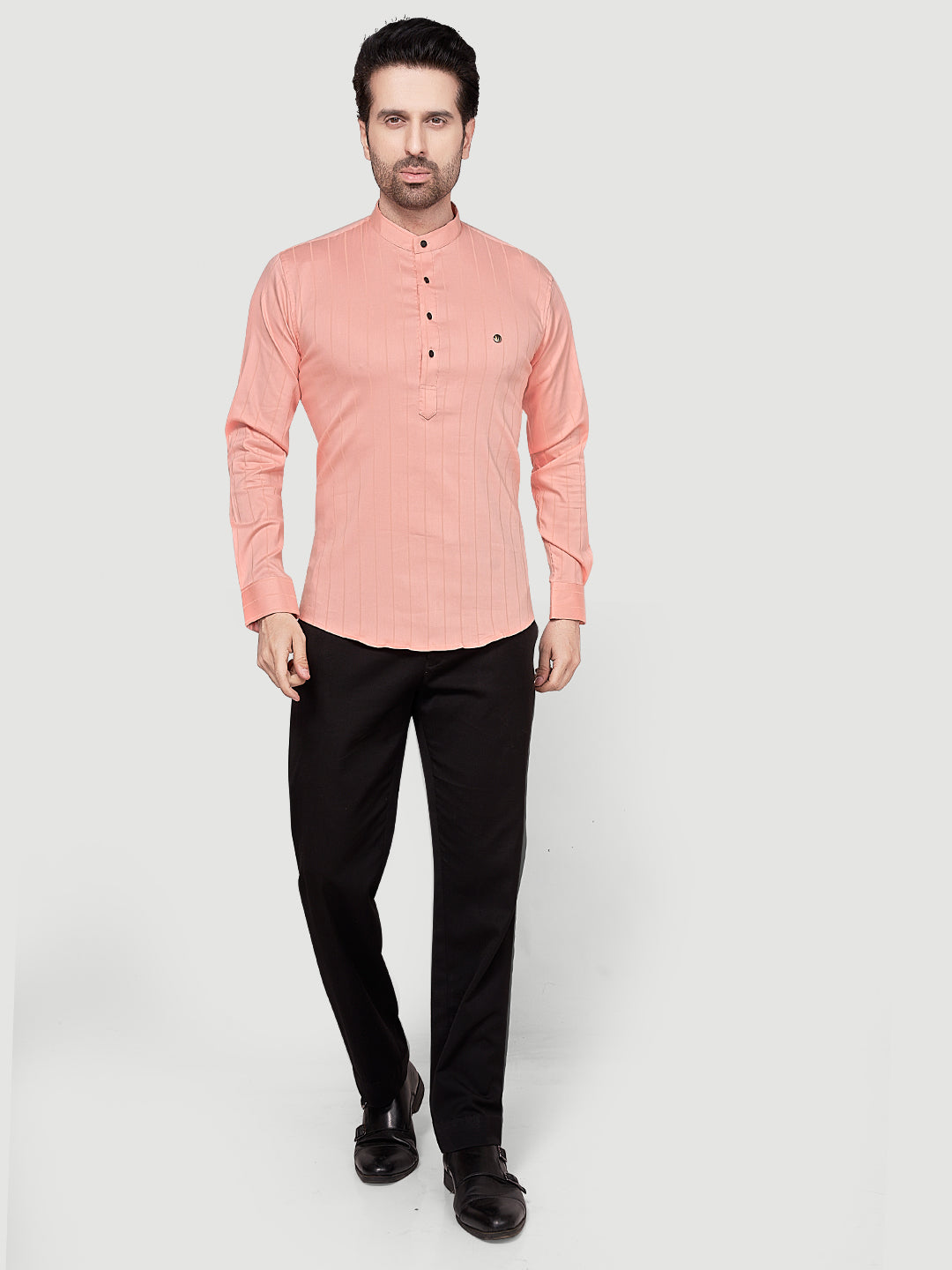 Black & White Men's Casual Short Kurta Peach