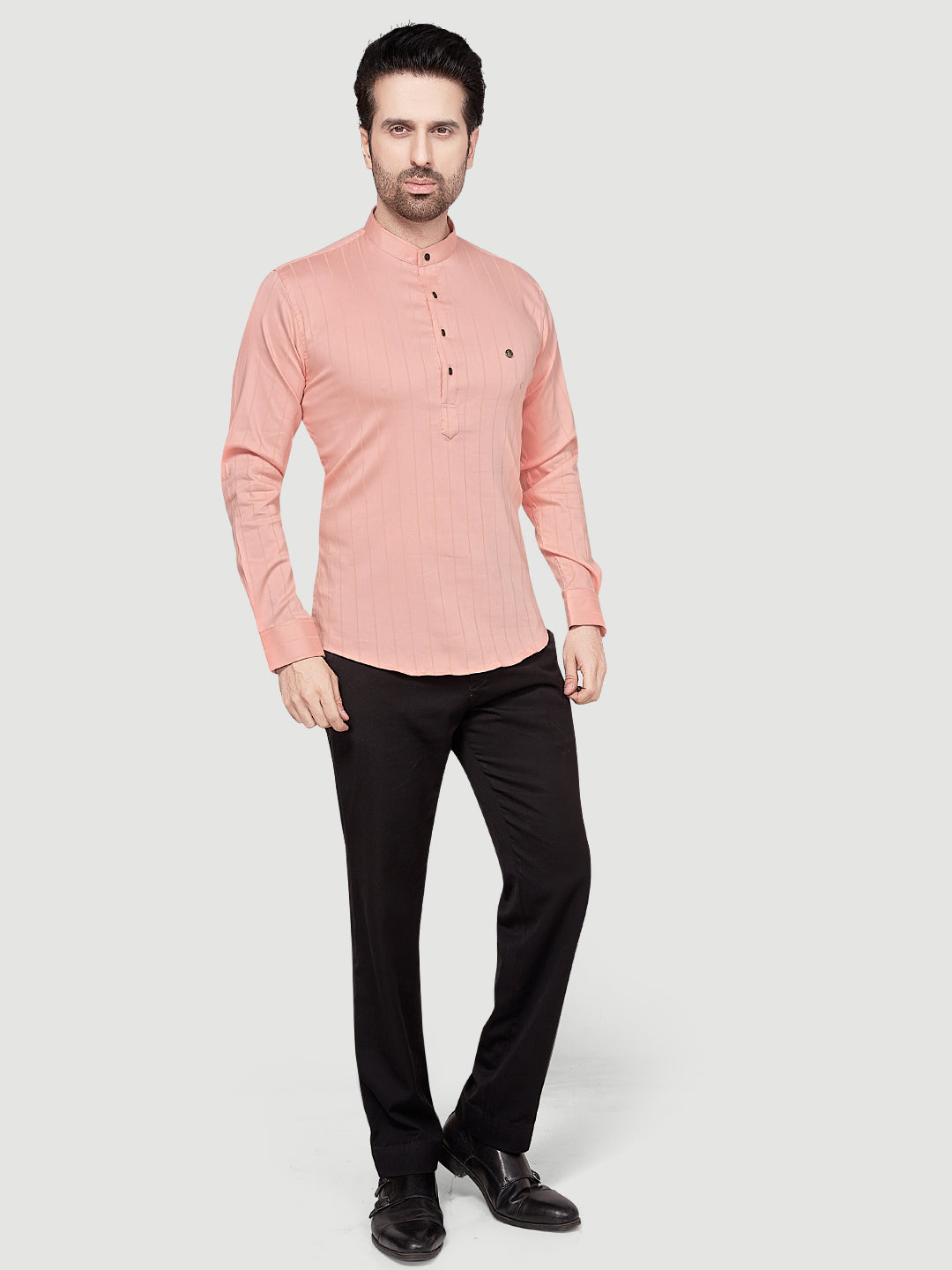 Black & White Men's Casual Short Kurta Peach