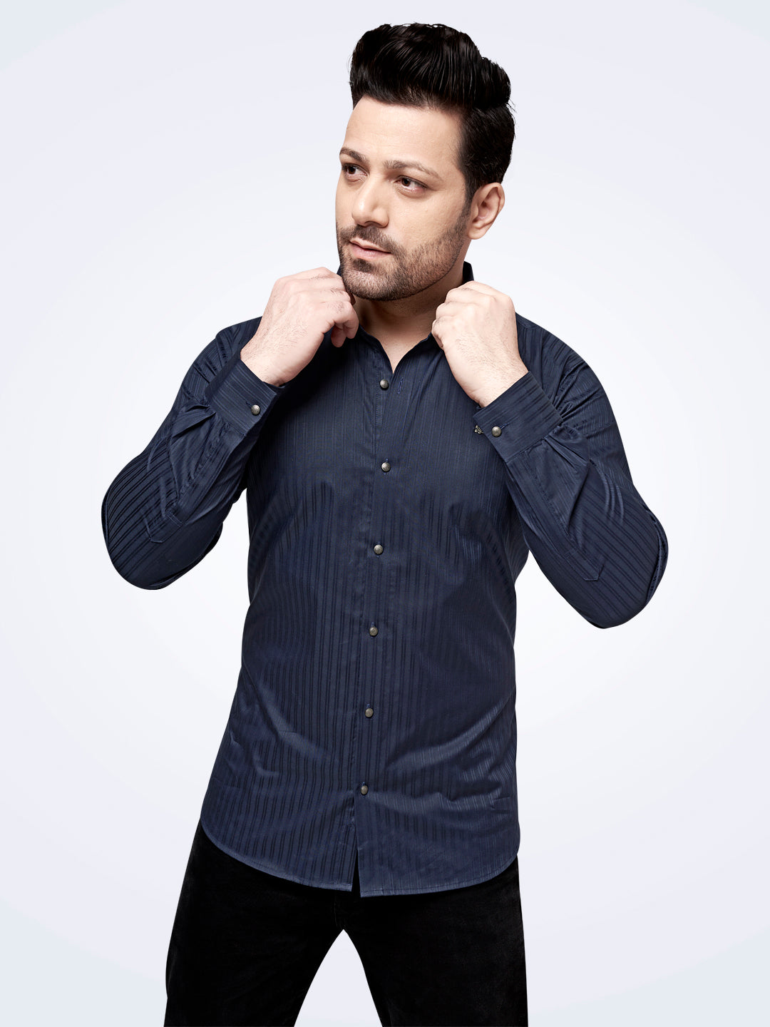 Self Lining Cocktail Shirt- Premium 60s Counts-Navy Blue