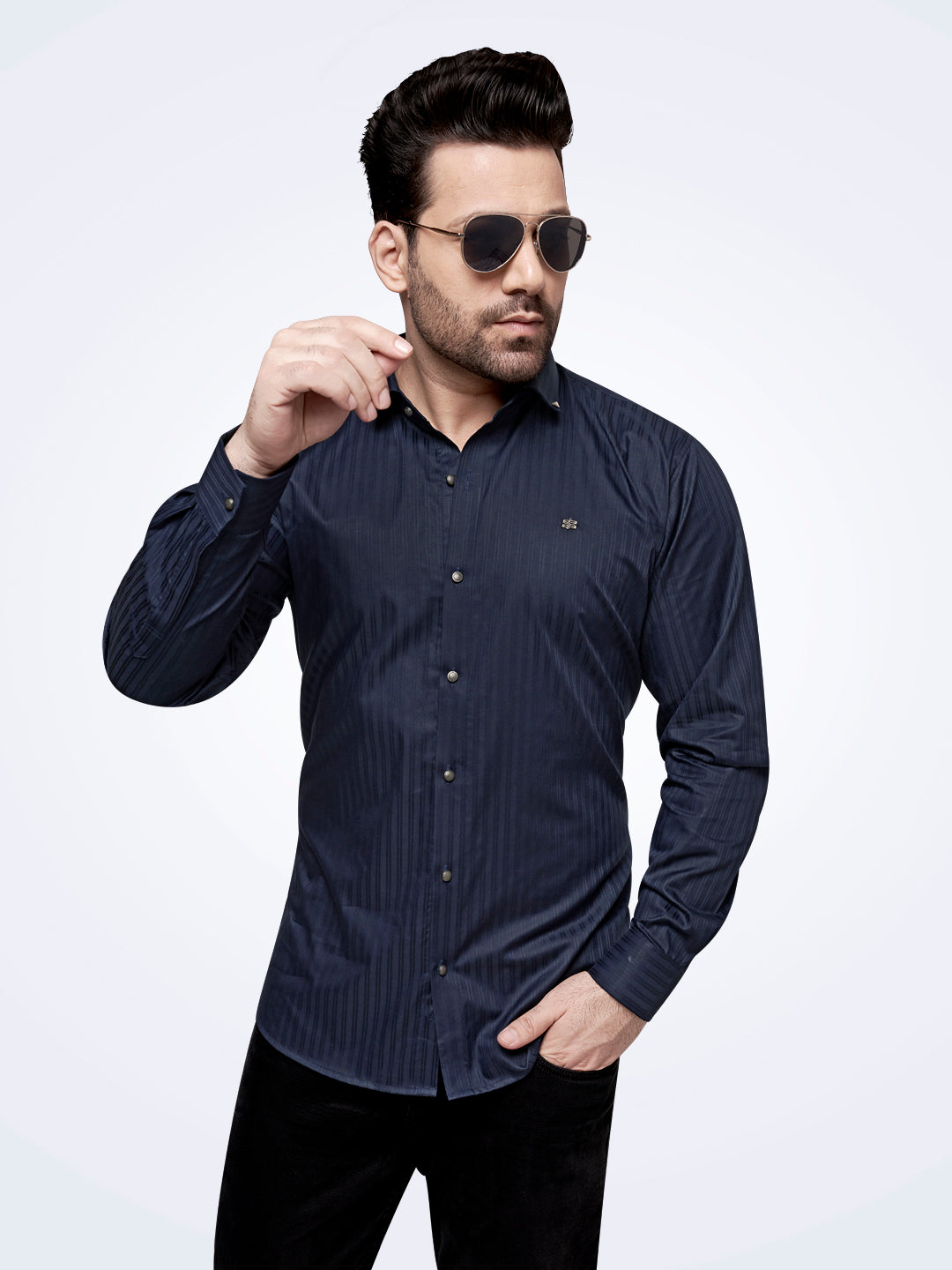 Self Lining Cocktail Shirt- Premium 60s Counts-Navy Blue