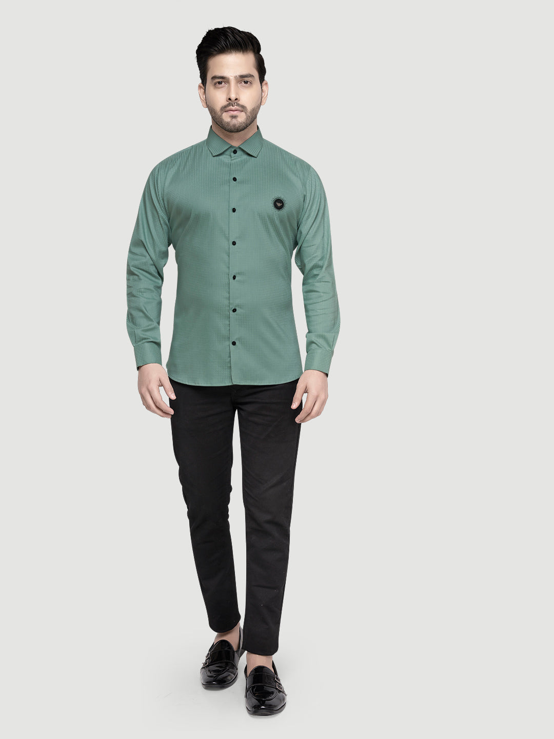 Black and white shirts Men's Designer Shirt with textured dobby fabric & Patch Teal Green