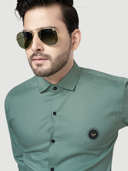 Black and white shirts Men's Designer Shirt with textured dobby fabric & Patch Teal Green