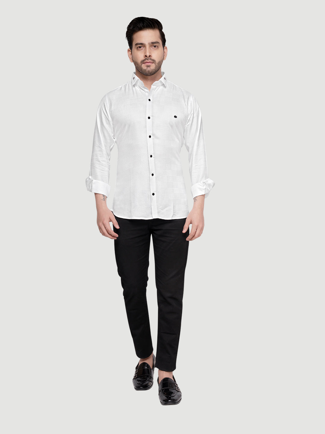 Black and White Shirts Designer Shimmer Shirt with Metal Broach White