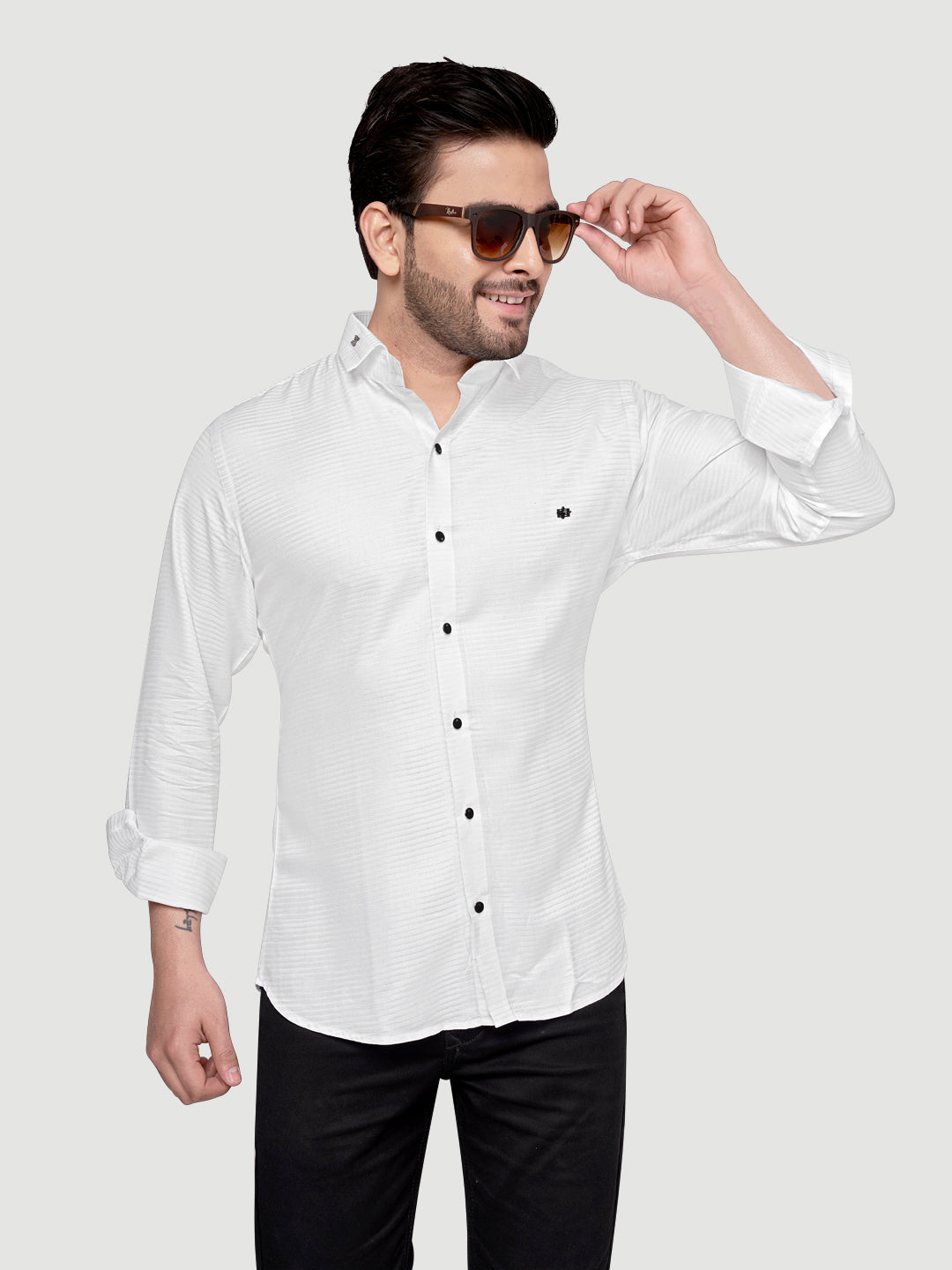 Black and White Shirts Designer Shimmer Shirt with Metal Broach White