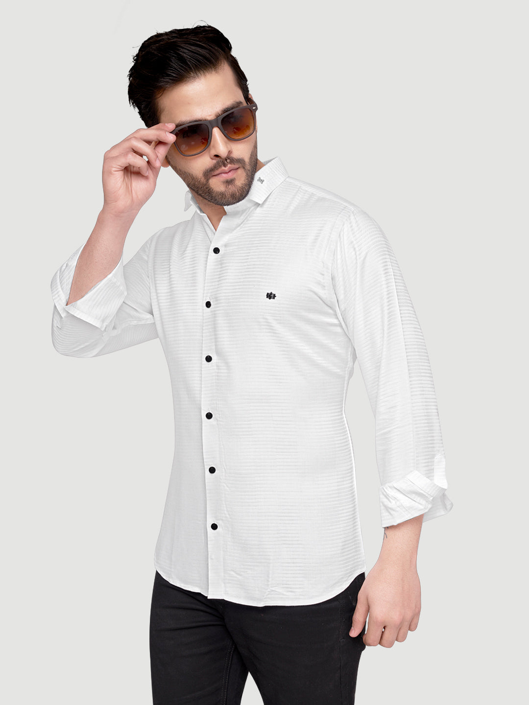 Black and White Shirts Designer Shimmer Shirt with Metal Broach White