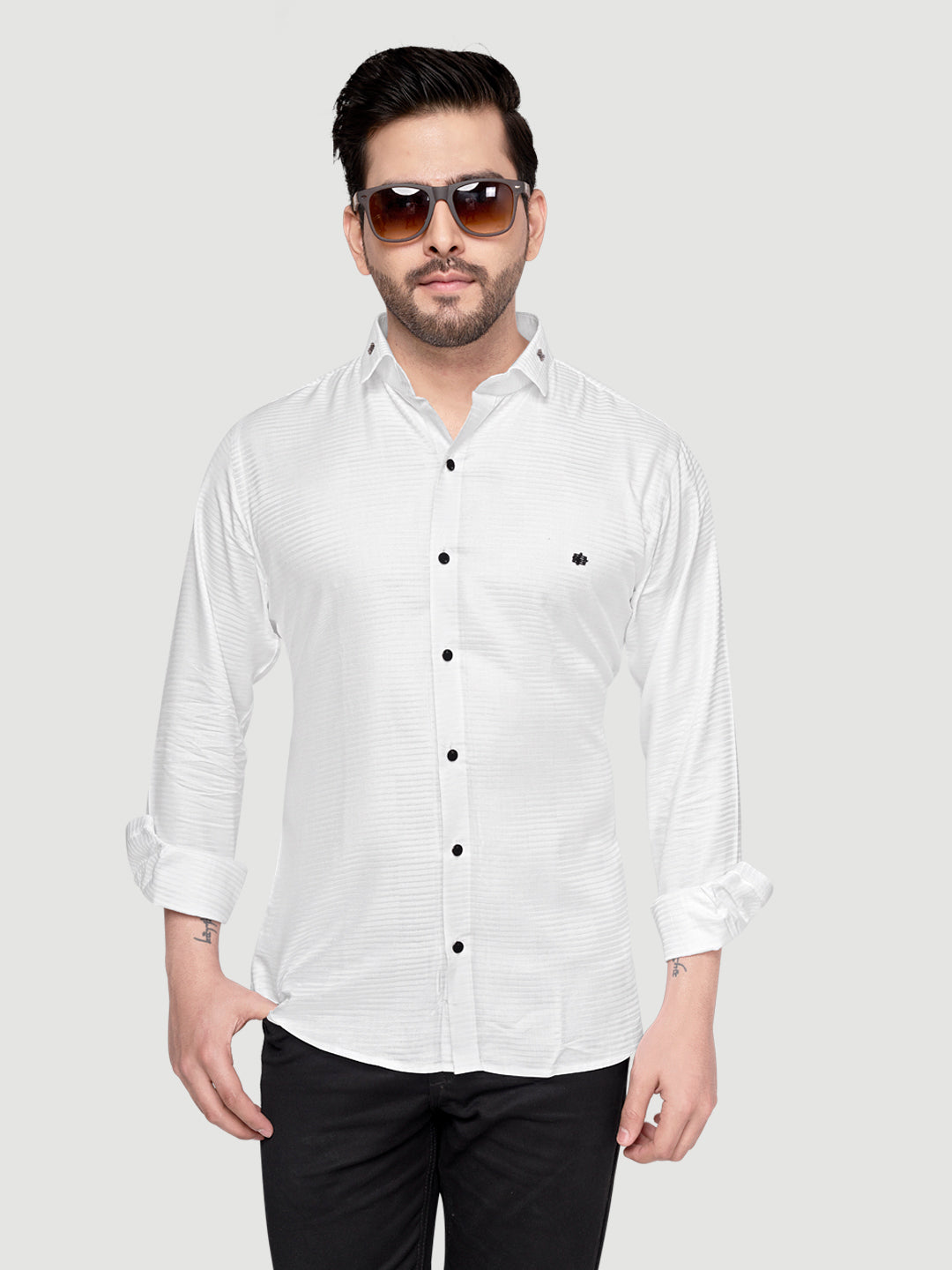 Black and White Shirts Designer Shimmer Shirt with Metal Broach White