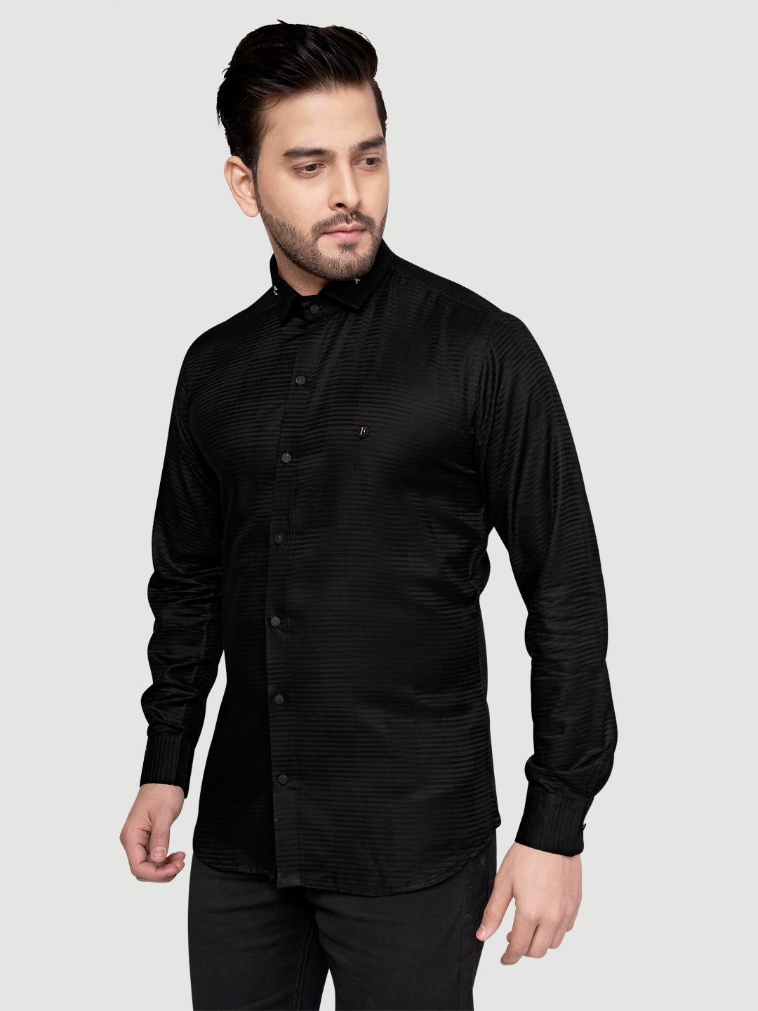 Black and White Shirts Designer Shimmer Shirt with Metal Broach Black