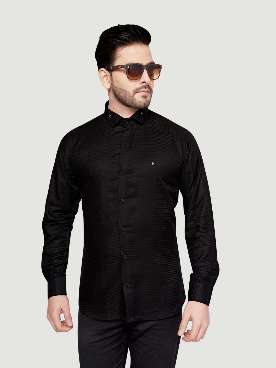 Black and White Shirts Designer Shimmer Shirt with Metal Broach Black