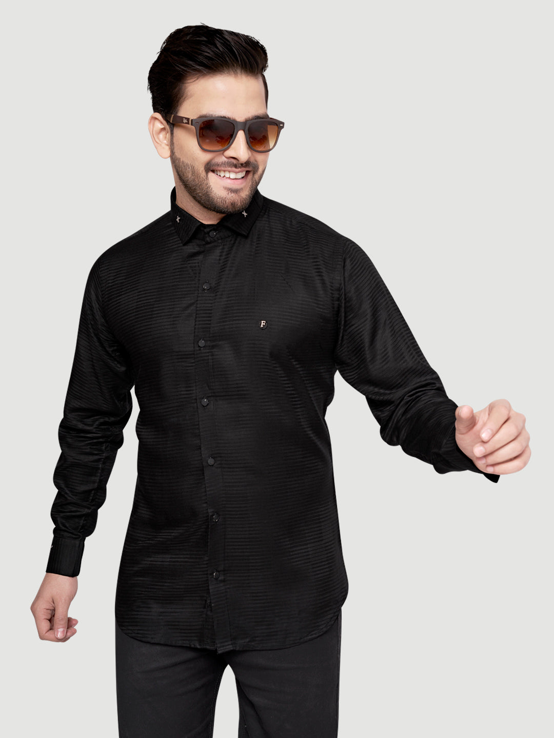 Black and White Shirts Designer Shimmer Shirt with Metal Broach Black