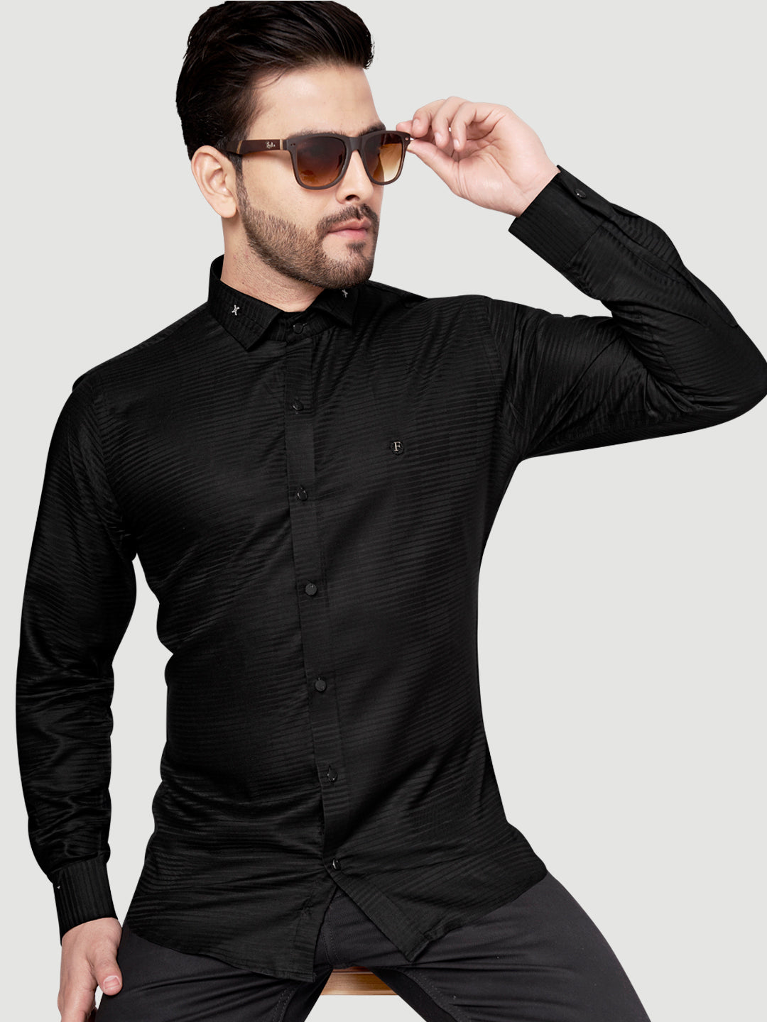 Black and White Shirts Designer Shimmer Shirt with Metal Broach Black